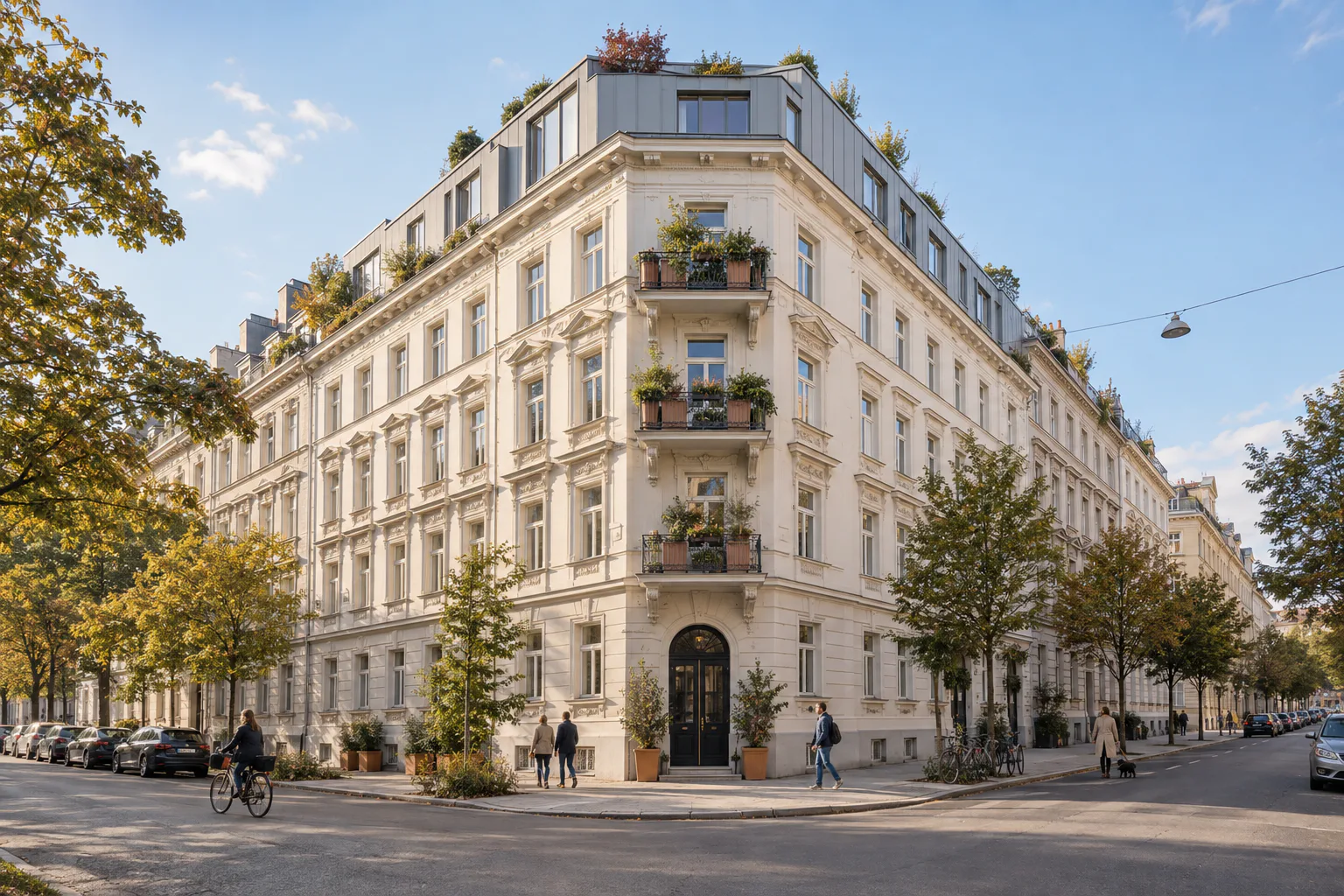 Renoviertes österreichisches Stadthaus mit begrünten Balkonen und Dachwohnungen